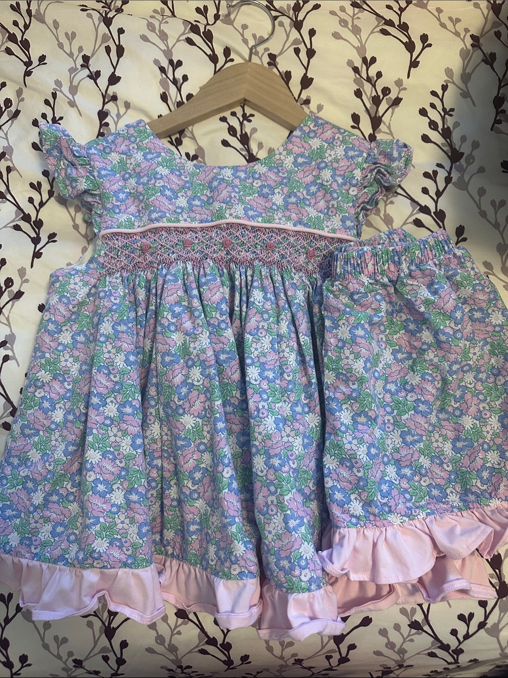 Girls Lavender Floral Smocked Matching Set with Pink Ruffle Trim